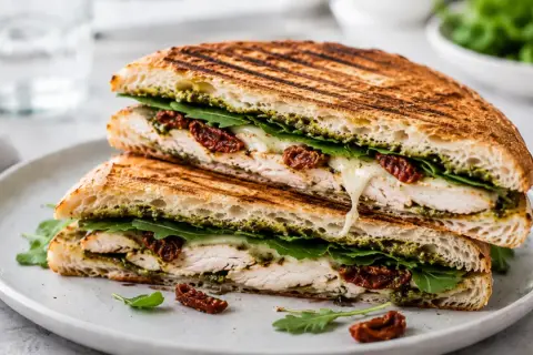 Pyszne panini z kurczakiem, mozzarellą, rukolą i suszonymi pomidorami, z sosem pesto. Idealne na szybki lunch.