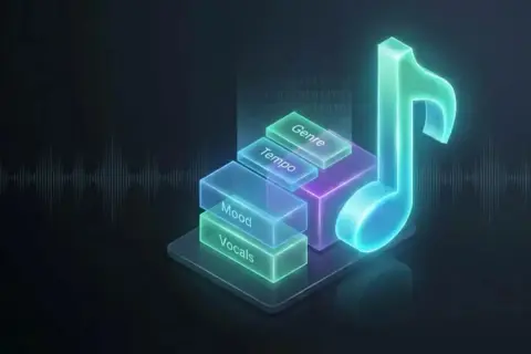 Leuchtende Musiknote und Ebenen mit "Vocals", "Mood", "Tempo", "Genre" – die besten instrumental hits finden.