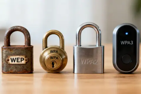 Candados que representan la evolución de la seguridad Wi-Fi: WEP, WPA, WPA2 y WPA3 Personal.