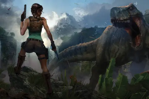Lara Croft z pistoletami stawia czoła T-Rexowi w dżungli, jak w grach Tomb Raider.