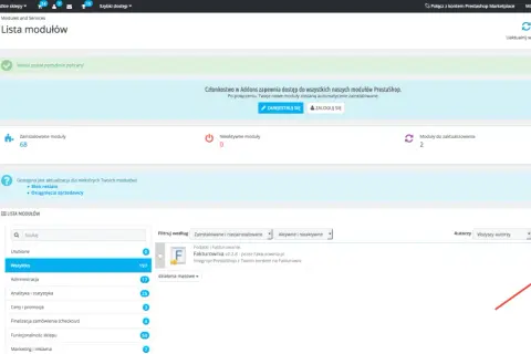 Panel PrestaShop: lista modułów, zainstalowane, nieaktywne, do aktualizacji. Jak się zalogować do aplikacji hello jm?