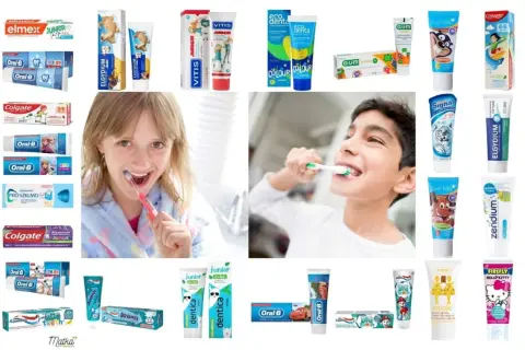 Dzieci myją zęby pastą do zębów z fluorem. Wiele marek past dla dzieci, np. Elmex, Colgate, Oral-B, Vitis, Signal.