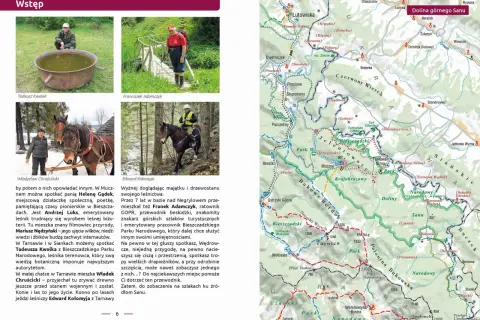 Mapa Bieszczadów z zaznaczoną Doliną Sanu, zdjęciami ludzi i koni.