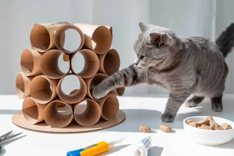 Gato gris jugando con una torre de rollos de cartón, un ejemplo de juguetes para gatos caseros.