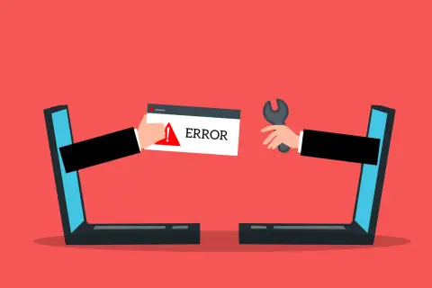 Dwie ręce wychodzące z laptopów. Jedna trzyma komunikat "ERROR", druga klucz francuski. Strona w przebudowie.