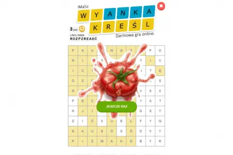 Wykreślanka gra z pomidorem w sosie. Rozgrywka online, litery hasła: ROZPZREADĆ.