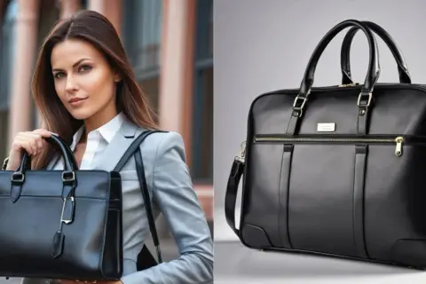 Elegante bolso multibolsillos negro de cuero, ideal para la mujer de negocios moderna.