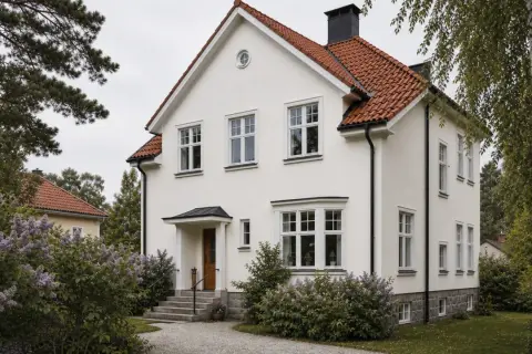 Vitt, putsat hus med tegeltak och gröna buskar. En nyrenoverad fasad som är redo att måla.