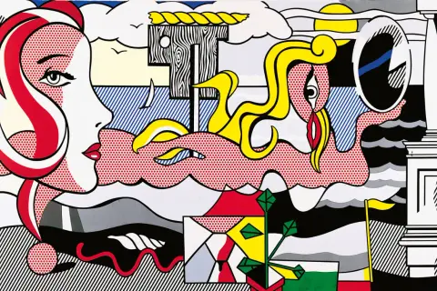 Pop art w stylu Roy Lichtensteina: kobieta z czerwoną falującą fryzurą, fale, żaglówka i odbicie w lustrze. Łatwe do rozpoznania.