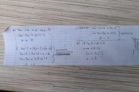 Ręcznie pisane równania matematyczne na kratkowanym papierze, w tym równania sprzeczne.