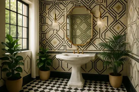 Élégante salle de bain art déco avec carrelage géométrique, lavabo sur colonne en marbre et plantes vertes.
