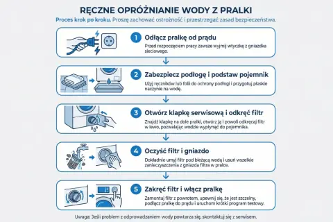 Instrukcja obsługi Whirlpool pralka od góry: odłącz prąd, zabezpiecz podłogę, otwórz klapkę, oczyść filtr, zakręć filtr i włącz pralkę.
