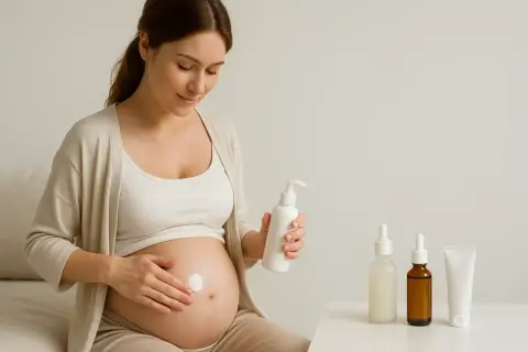 Kobieta w ciąży aplikuje krem na brzuch. Dba o skórę z pomocą kosmetyków z ceramidami, by była elastyczna i nawilżona.