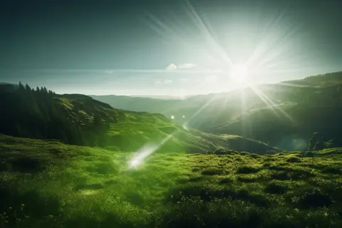 Rayons solaires éclatants traversant une vallée verdoyante. Un effet de flare photo sublime ce paysage de collines et de forêts.