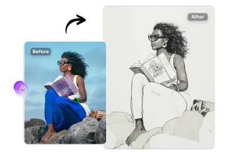 A woman reading a book on rocks, transformed by a drawing filter into a sketch.