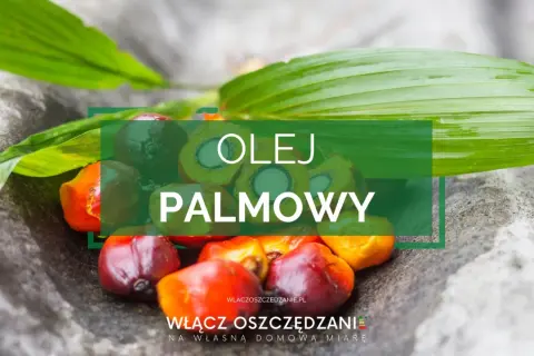 Olej palmowy pozyskiwany z owoców palmy olejowej. Na zdjęciu widać przekrojone owoce i liście palmy.