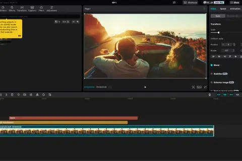 Edytor wideo **aplikacja CapCut** z widokiem na oś czasu, podglądem klipu z podróży i panelami edycji.
