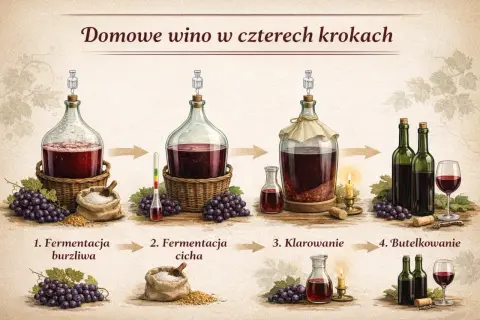 Proces tworzenia swojskiego wina: fermentacja burzliwa, cicha, klarowanie i butelkowanie. Od winogron do kieliszka.
