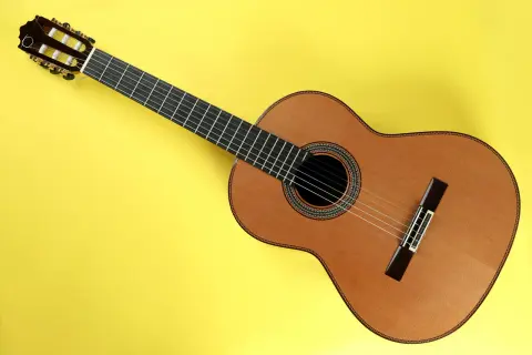 Drewniana gitara klasyczna na żółtym tle. Sześć strun, ciemna podstrunnica i ozdobne rozety wokół otworu rezonansowego. Słychać, jak brzmi gitara klasyczna.