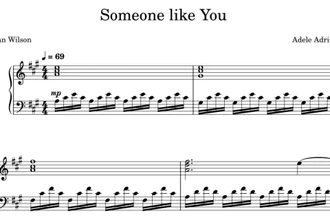 Nuty do piosenki "Someone like You" Adele. Widoczne akordy i oznaczenie tempa J=69.