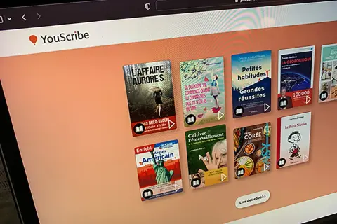 Écran YouScribe affichant des couvertures d'ebooks variés, dont "L'Affaire Aurore S." et "Anglais Américain". Un avis sur la plateforme est visible.