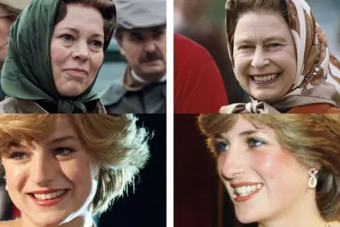 Porównanie aktorek z serialu "The Crown" z prawdziwymi postaciami. Olivia Colman jako królowa Elżbieta II i Emma Corrin jako księżna Diana.