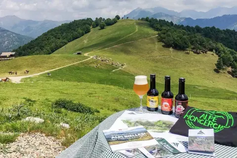 Birrificio piemontese con vista su pascoli verdi e montagne. Tre birre artigianali e un bicchiere di birra su un tavolo con materiale promozionale.
