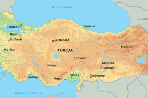 Mapa Turcji, kraju położonego na styku Europy i Azji, z zaznaczonymi miastami jak Stambuł, Ankara i Izmir.