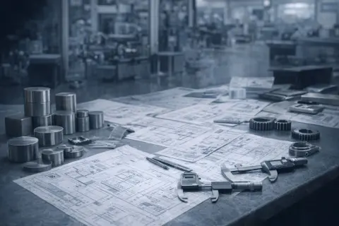 Na stole leżą rysunki techniczne, próbki stali i przyrządy pomiarowe, kluczowe dla analizy właściwości mechanicznych stali.