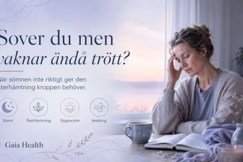 En kvinna med handen mot pannan sitter vid ett bord med en bok och en kopp. Hon ser trött ut, trots att hon vill slappna av.