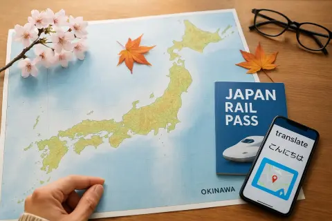 En reseguide till Japan med karta, Japan Rail Pass, telefon med översättningsapp och körsbärsblommor.