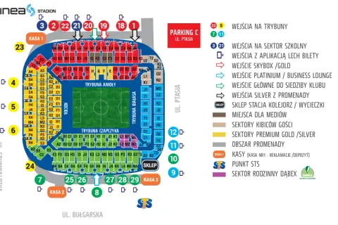 Plan stadionu Lecha Poznań: wejścia, sektory, miejsca, kasy i parking.