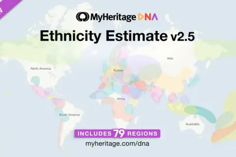 Carte du monde avec estimations ethniques MyHeritage DNA v2.5, incluant 79 régions. Découvrez vos origines.