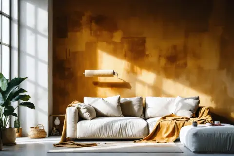 Un salon moderne avec un canapé blanc, un plaid ocre et un mur texturé. La question "la peinture velours est elle lessivable ?" plane, suggérant une rénovation.