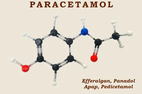 Model cząsteczki paracetamolu. Czy paracetamol zawiera salicylany? Nie, jego budowa chemiczna jest inna.