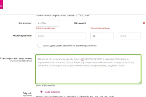 Formularz kontaktowy Tauron. Wpisano kod pocztowy 42-300, miejscowość 26. W polu tekstowym opisano problem z fakturą.