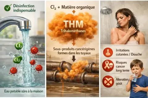 L'eau du robinet, désinfectée au chlore, peut réagir avec la matière organique, formant des THM. Ces sous-produits cancérigènes dans l'eau peuvent causer des irritations et altérer le goût.
