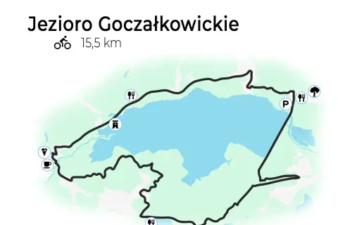 Mapa Jeziora Goczałkowickiego z zaznaczonymi trasami rowerowymi o długości 15,5 km. Widoczne punkty: parking, restauracje, drzewo, zamek, kawiarnia i lody.