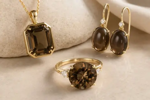 Conjunto de oro con cuarzo ahumado, conocido por sus propiedades de calma y protección. Un colgante, anillo y pendientes que irradian elegancia.