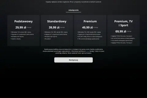Porównanie pakietów HBO: Podstawowy (29,99 zł/miesiąc), Standardowy (39,99 zł/miesiąc), Premium (49,99 zł/miesiąc) i Premium, TV i Sport (69,99 zł/miesiąc).