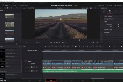 Editing a lavender field video in DaVinci Resolve 18, with timeline and audio inspector visible.