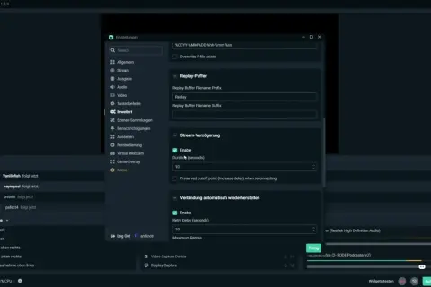 Streamlabs OBS: Stream-Verzögerung einstellen. Die Dauer des Streams kann hier auf 10 Sekunden gesetzt werden.
