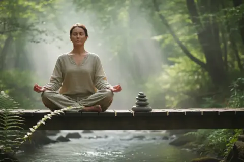 Kobieta medytuje na moście w lesie, szukając spokoju i sposobu, jak odzyskać równowagę psychiczną.
