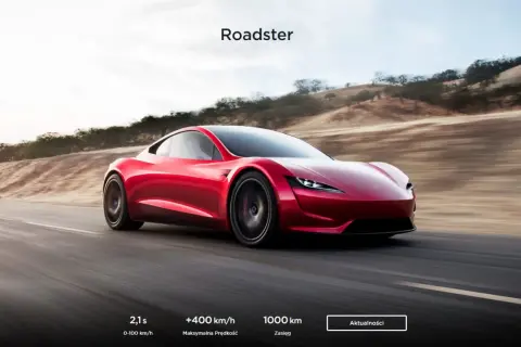 Czerwony Tesla Roadster pędzi po pustynnej drodze, osiągając 100 km/h w 2,1 sekundy.