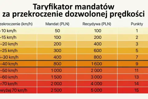 Taryfikator mandatów za przekroczenie prędkości: od 50 zł i 1 punktu za jazdę do 10 km/h za szybko, do 2500 zł i 15 punktów za jazdę powyżej 70 km/h za szybko.