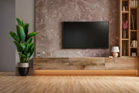 Soggiorno moderno con TV a parete, mobile in legno e una grande pianta. La parete di fondo ha una texture che ricorda una pittura sabbiata, un dettaglio che influisce sul pittura sabbiata prezzo.