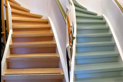 Vorher-Nachher-Vergleich: Eine hölzerne Treppe wurde frisch in einem sanften Grünton gestrichen.