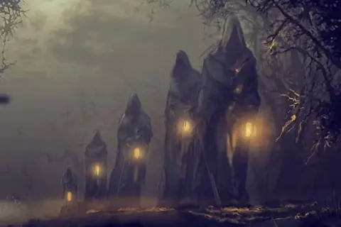 Figuras encapuchadas con faroles iluminan un camino boscoso, evocando una **leyenda gallega** de misterio y ultratumba.