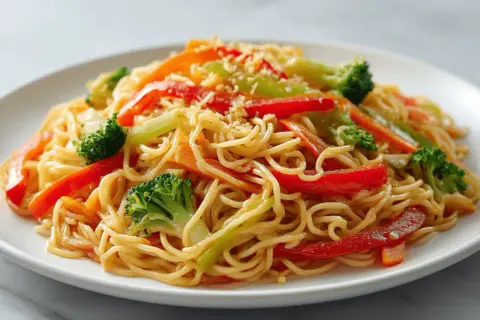 Buntes Mie Noodles Rezept mit Brokkoli, Paprika und Karotten, garniert mit Sesam. Ein schnelles und gesundes Gericht.