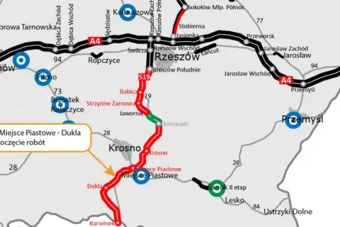 Mapa dróg z zaznaczoną trasą Via Carpatia, w tym odcinkiem S19 Miejsce Piastowe - Dukla. Widoczne miasta: Rzeszów, Krosno, Przemyśl.